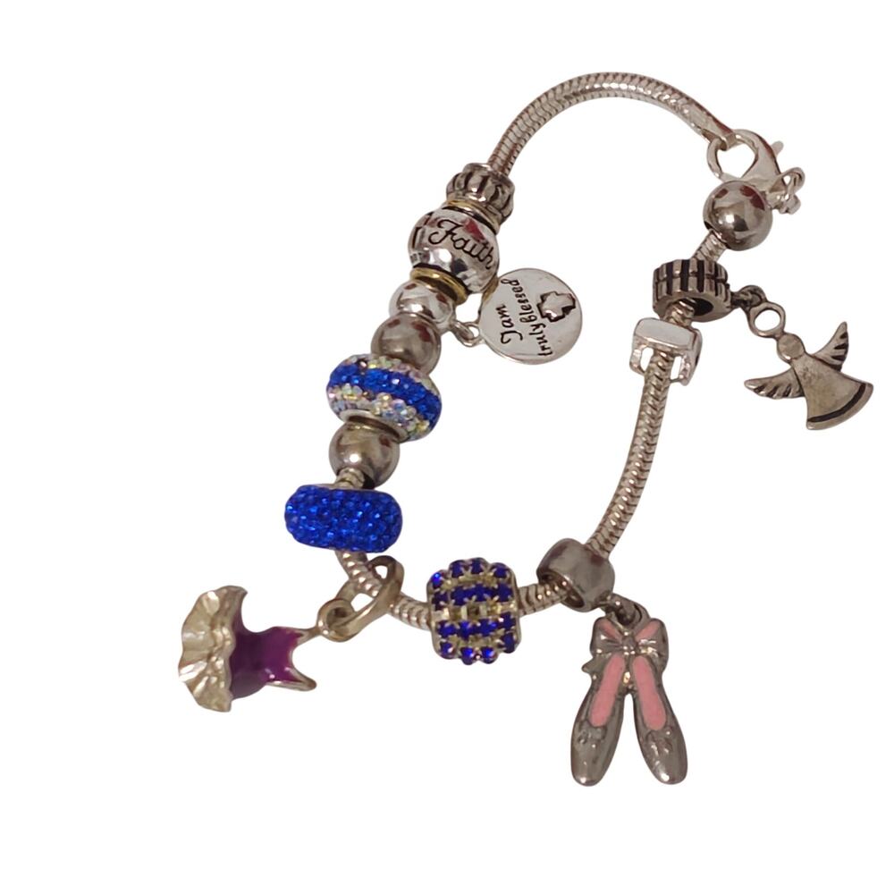 Sterling Silver 925 Charm Dangle Slider Bracelet Faith-Truly Blessed Blue